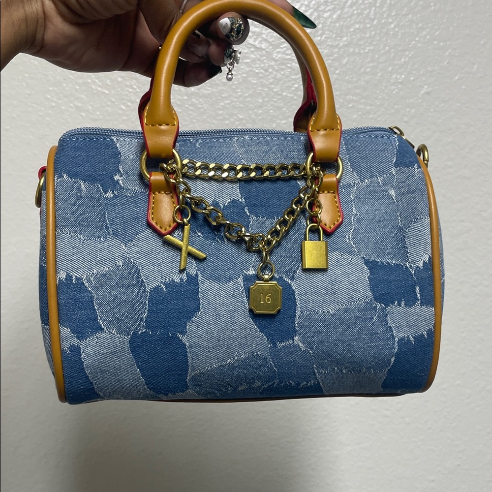 Stylish Blue and Tan Women's Handbag